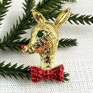 Rudolph The Reindeer Gold-Tone Brooch With Red Bow Tie & Green Rhinestone Eye